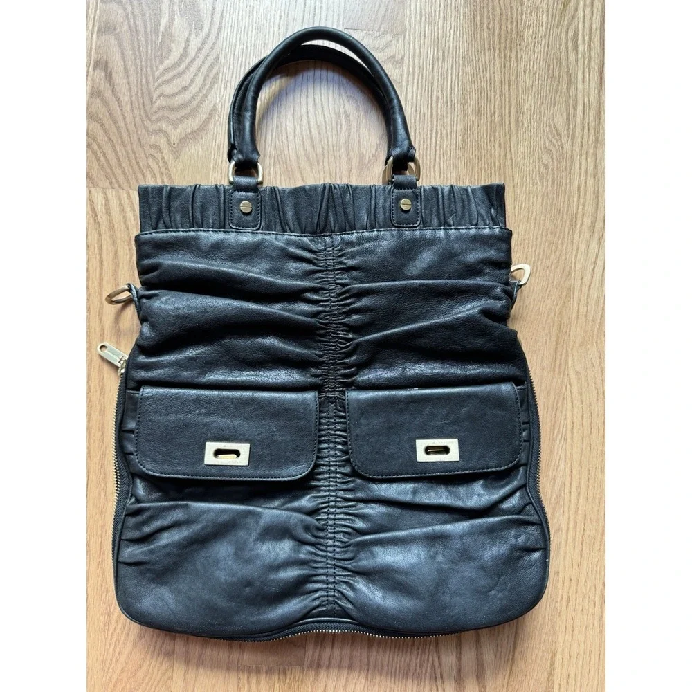 Alexis Hudson Black Leather Ruched Tote Satchel Bag Gold Hardware READ